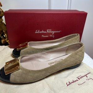 Salvatore Ferragamo Tan and Black Flats with Gold Accents